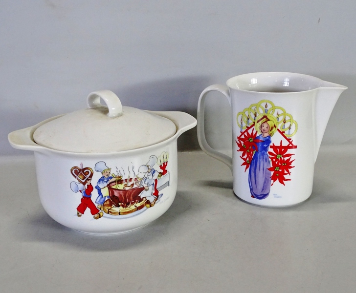 Kanna samt grötskål, "Tomtejul" Rörstrand, 1900-talets andra hälft