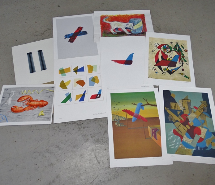 9 st. litografiska blad, varierande konstnärer