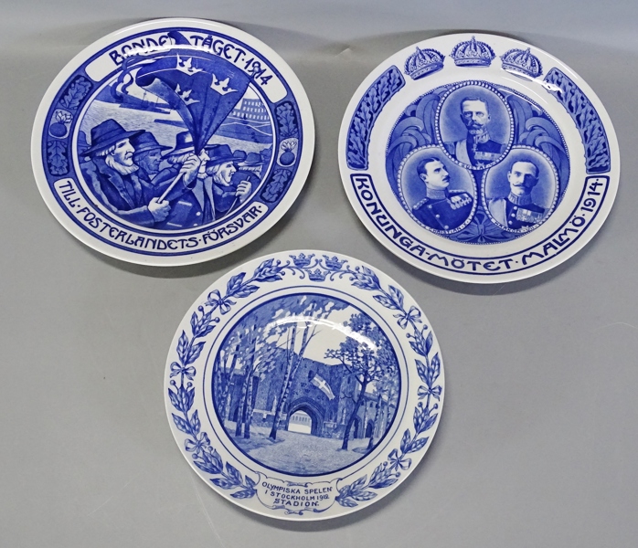 3 st. minnestallrikar, Rörstrand, 1900-talets första hälft