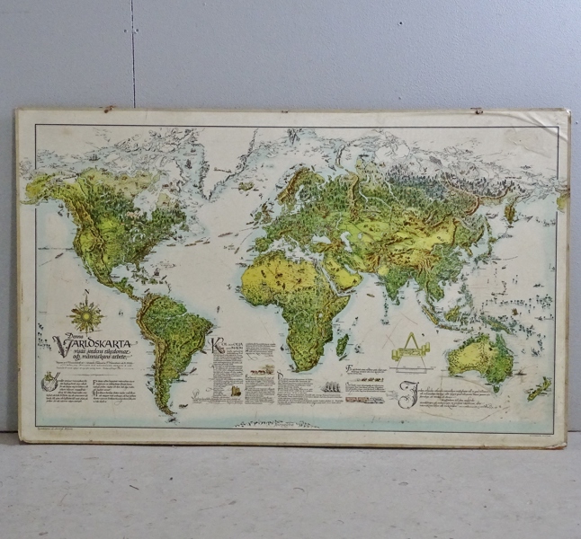 Skolplansch "Denna världskarta visar jordens rikedomar och människans arbete" Bildkartsförlaget Stockholm, 1900-tal