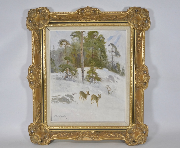Oljemålning, Edvin Söderström, Rådjur i vinterlandskap