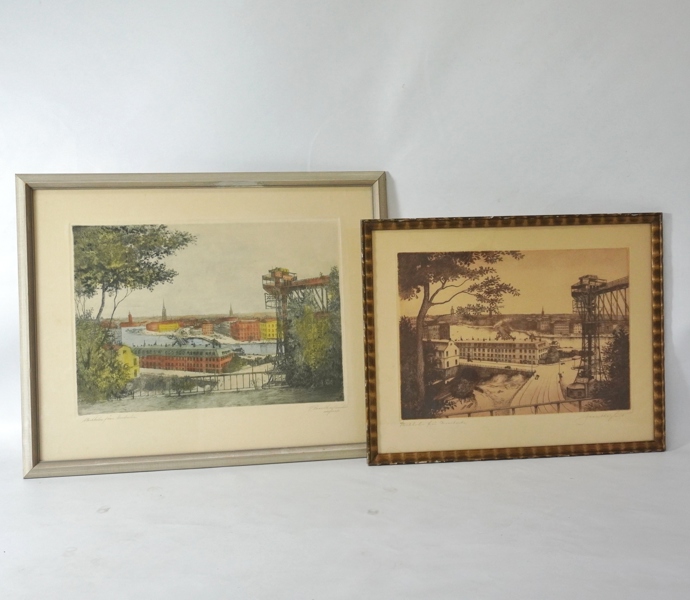 2 st etsningar "utsikt fr Mosebacke" Jean Skoglund