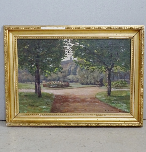 Oljemålning "stadspark" oidentifierad konstnär