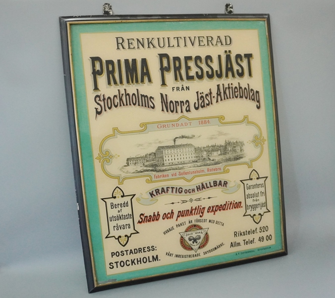 Reklamskylt, glas, "Prima Pressjäst"