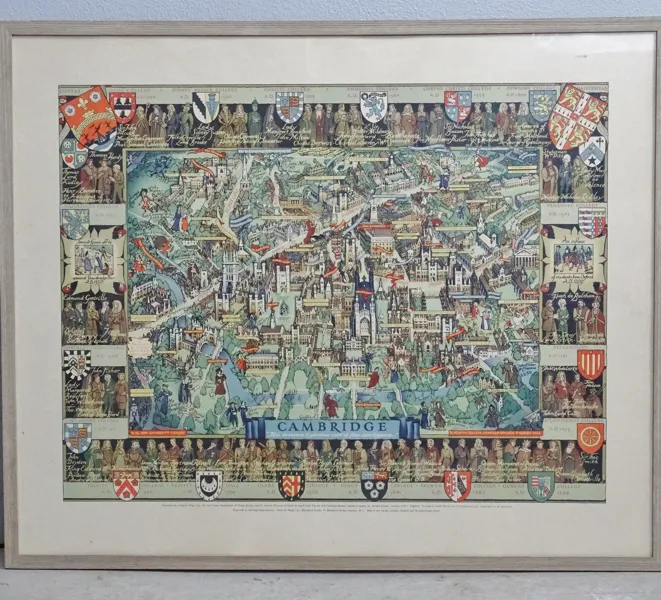 Kartbild Cambrigdge, tryck efter Kerry Lee, Pictorial Maps Ltd, 1900-talets andra hälft