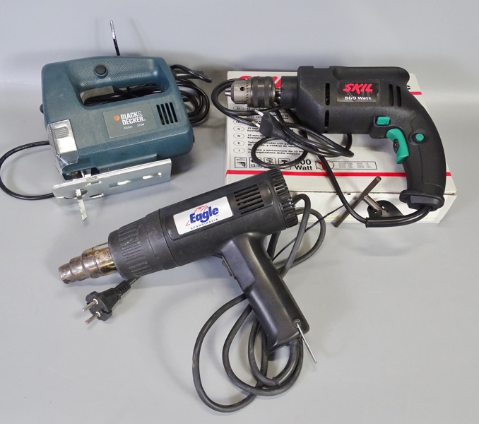 Sticksåg, slagborr samt varmluftspistol, Black & Decker, Skil och Eagle