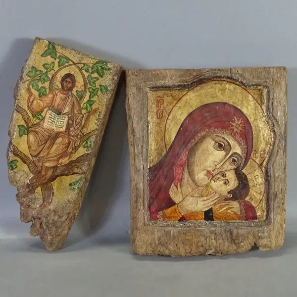 2 st. ikoner, "Guds moder med Jesusbarnet och Kristus och apostlarna" kopior efter 1600-tals original