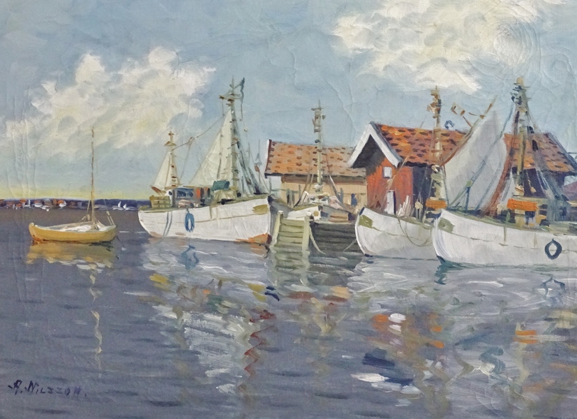 Oljemålning "båthamn" signerad