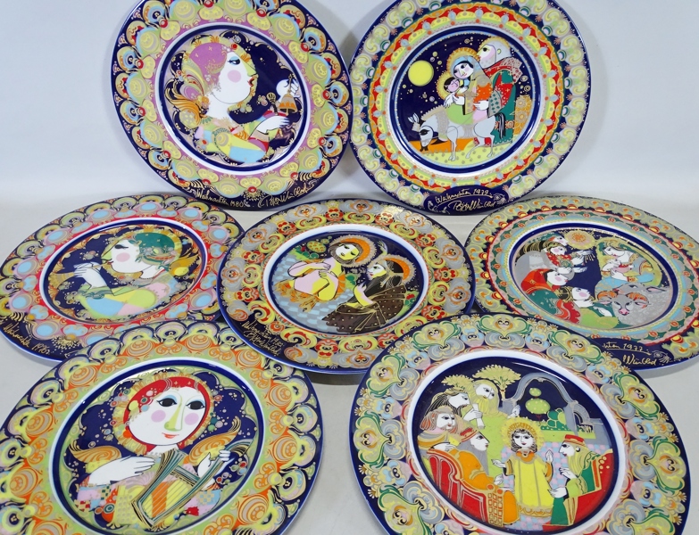 7 st. prydnadstallrikar "Weihnachtsteller" Bjørn Wiinblad, Rosenthal, 1976-82