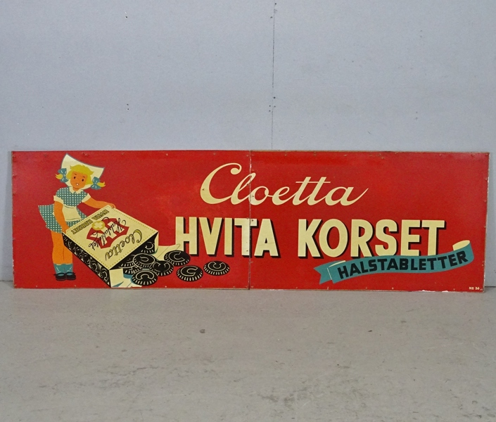 Reklamskylt "Hvita Korset halstabletter" Cloetta, 1900-talets mitt