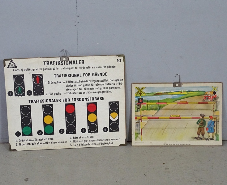 2 st. skolplanscher "NTF´s Trafiksignaler och Småskolans trafikbilder, 1969 samt 1945
