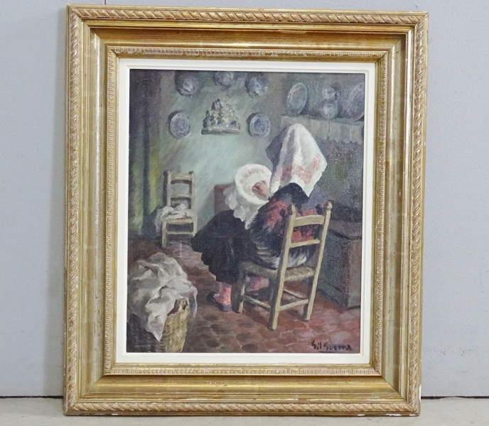 Oljemålning "broderande kvinna"