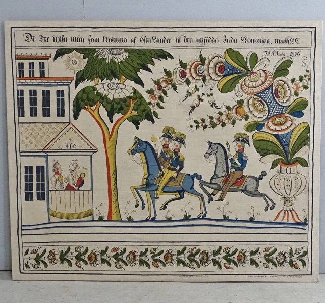 Textiltryck "De tre wisa män som kommo ........" Jobs handtryck Leksand, kopia efter M.P. Stadig