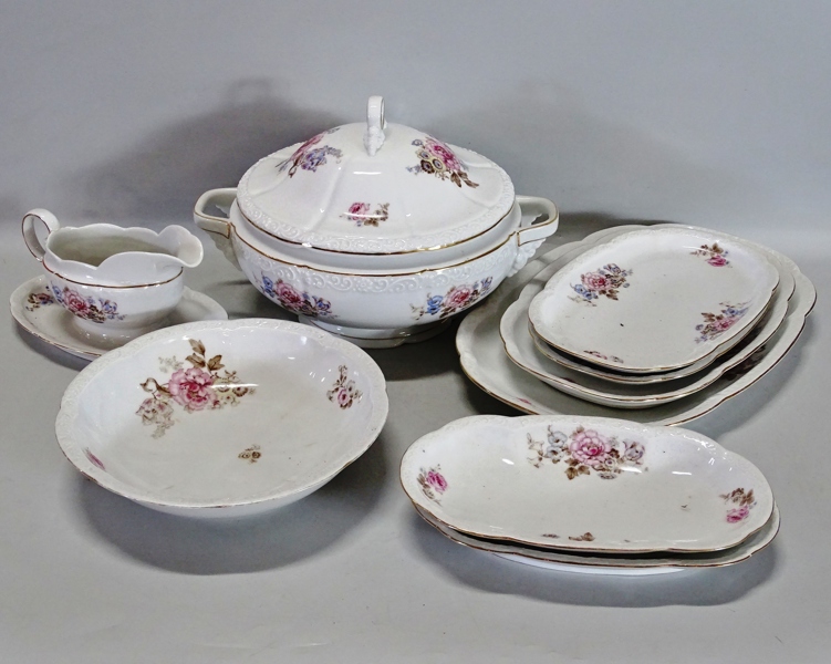 Parti servisdelar, terrin, såssnipa, fat samt skål, F K Kaestner, Tyskland, 1900-tal