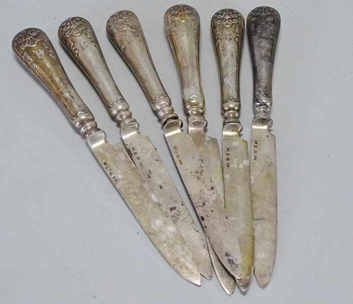 6 st. fruktknivar "Gammal Dansk" CGH, 1927, silver