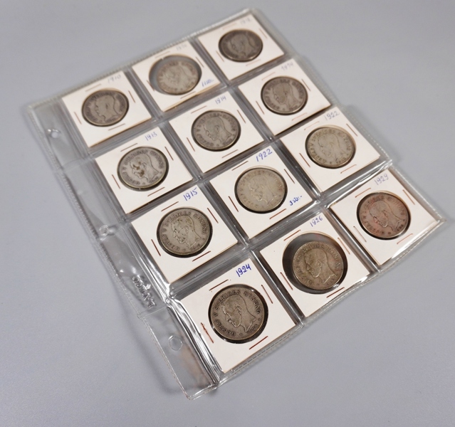 12 st svenska silvermynt, 2 kr, 1910-1929