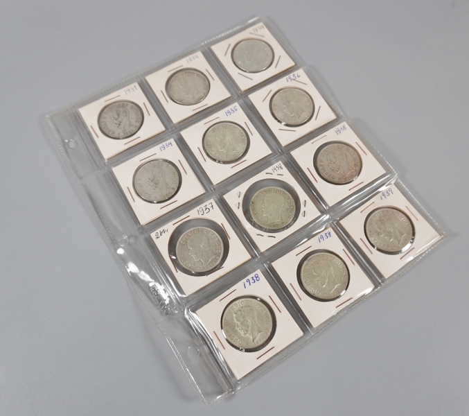 12 st svenska silvermynt, 2 kr, 1931-1939