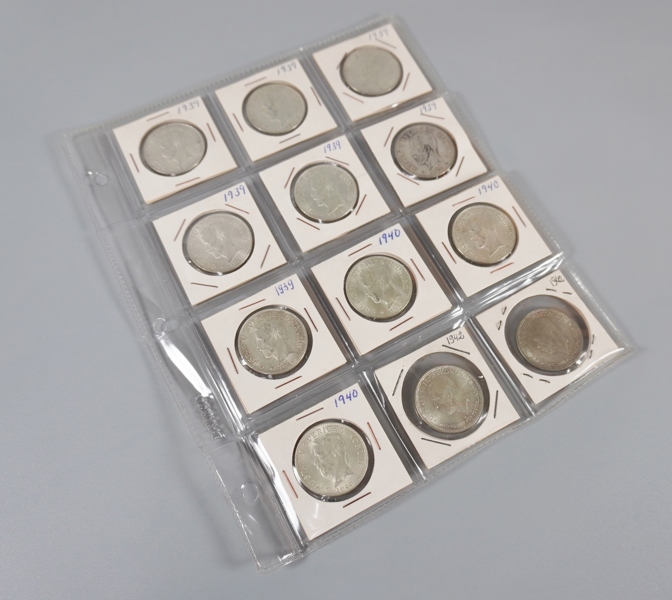 12 st svenska silvermynt, 2 kr, 1939-1942