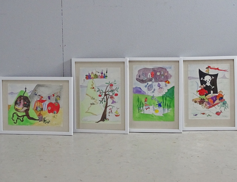 4 st. akvareller, oidentifierad konstnär