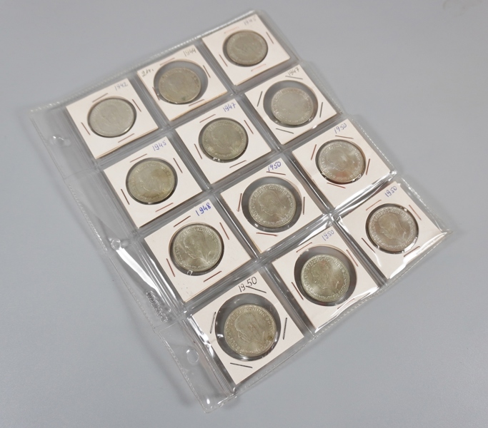 12 st svenska silvermynt, 2 kr, 1942-1950