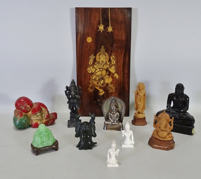 Parti figuriner samt tavla "Orentaliska gudar bl. a. Ganesha samt Buddha" 1900-tal