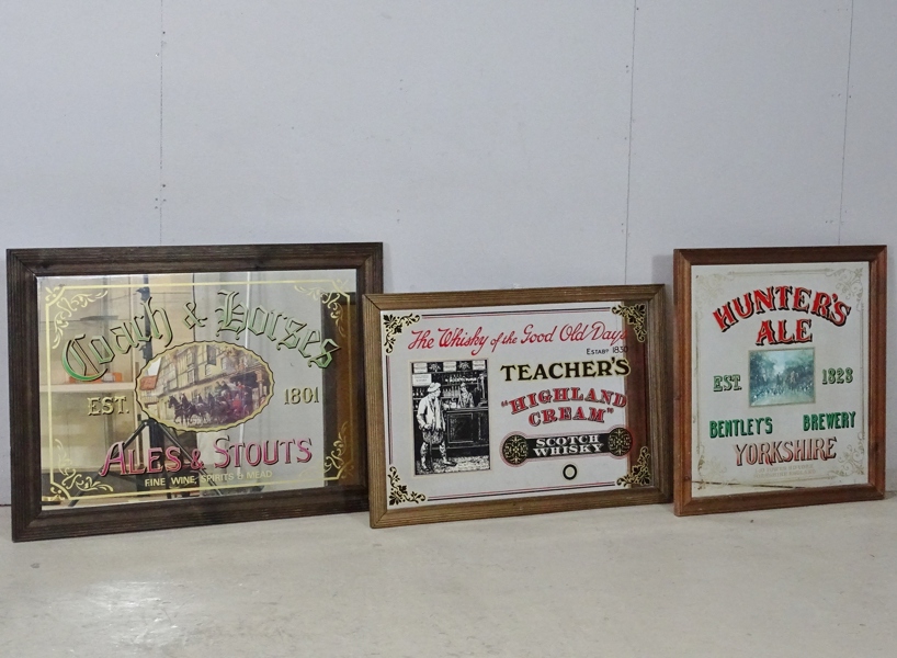 3 st. barspeglar " Coach & Horses, Teacher´s och Hunter´s Ale" 1900-tal