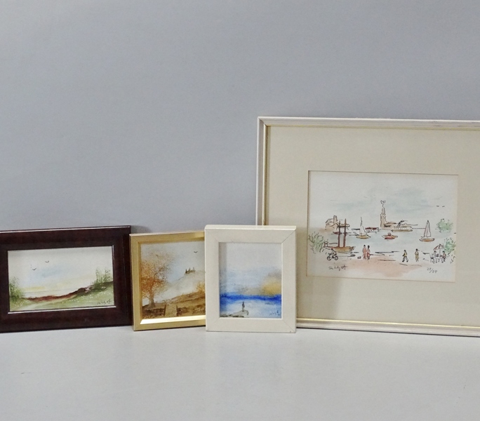 3 st. miniatyrmålningar samt litografi, Stig Lundqvist